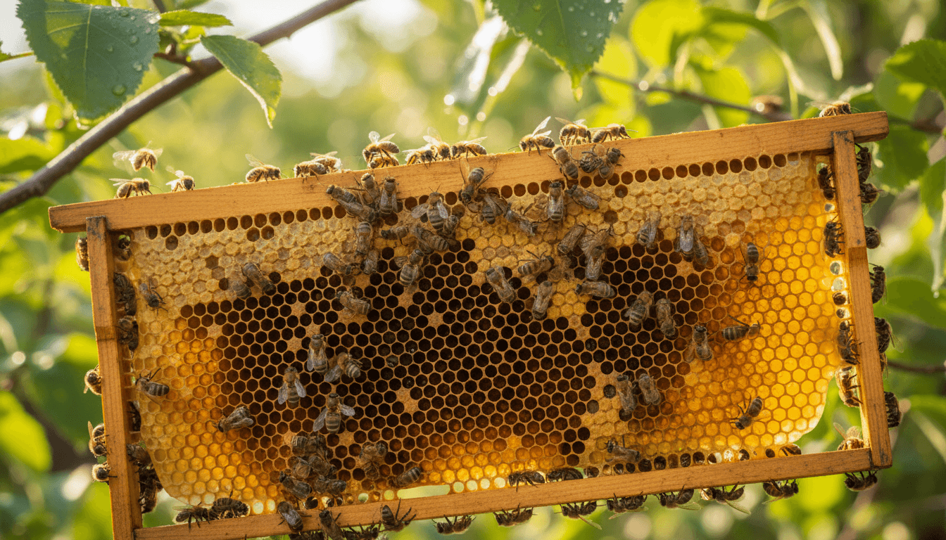 Primer plano de un panal con abejas sobre la miel, iluminación natural suave